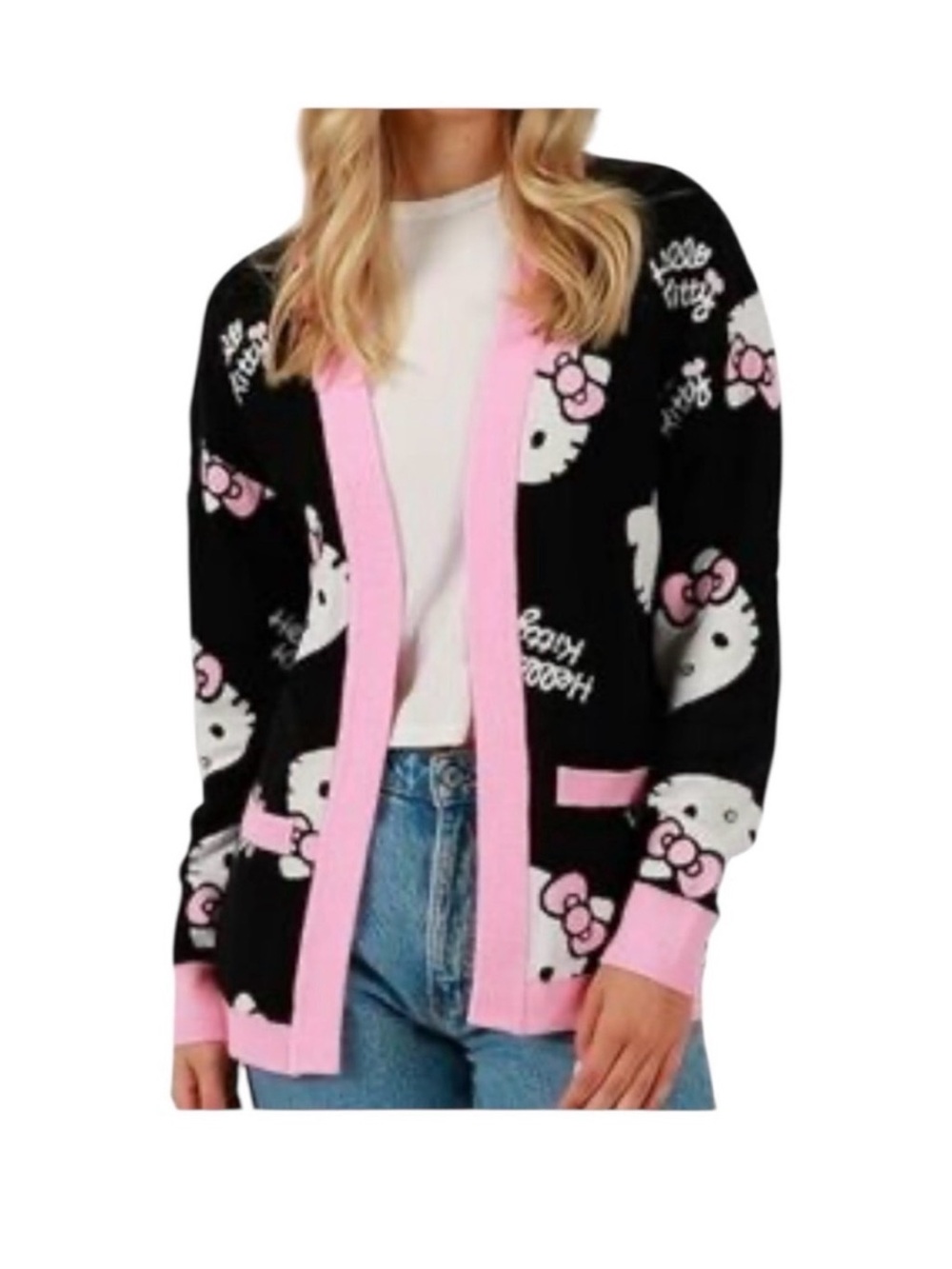 NWT Hello Kitty Black & Pink Open-Front Cardigan Sweater XXL